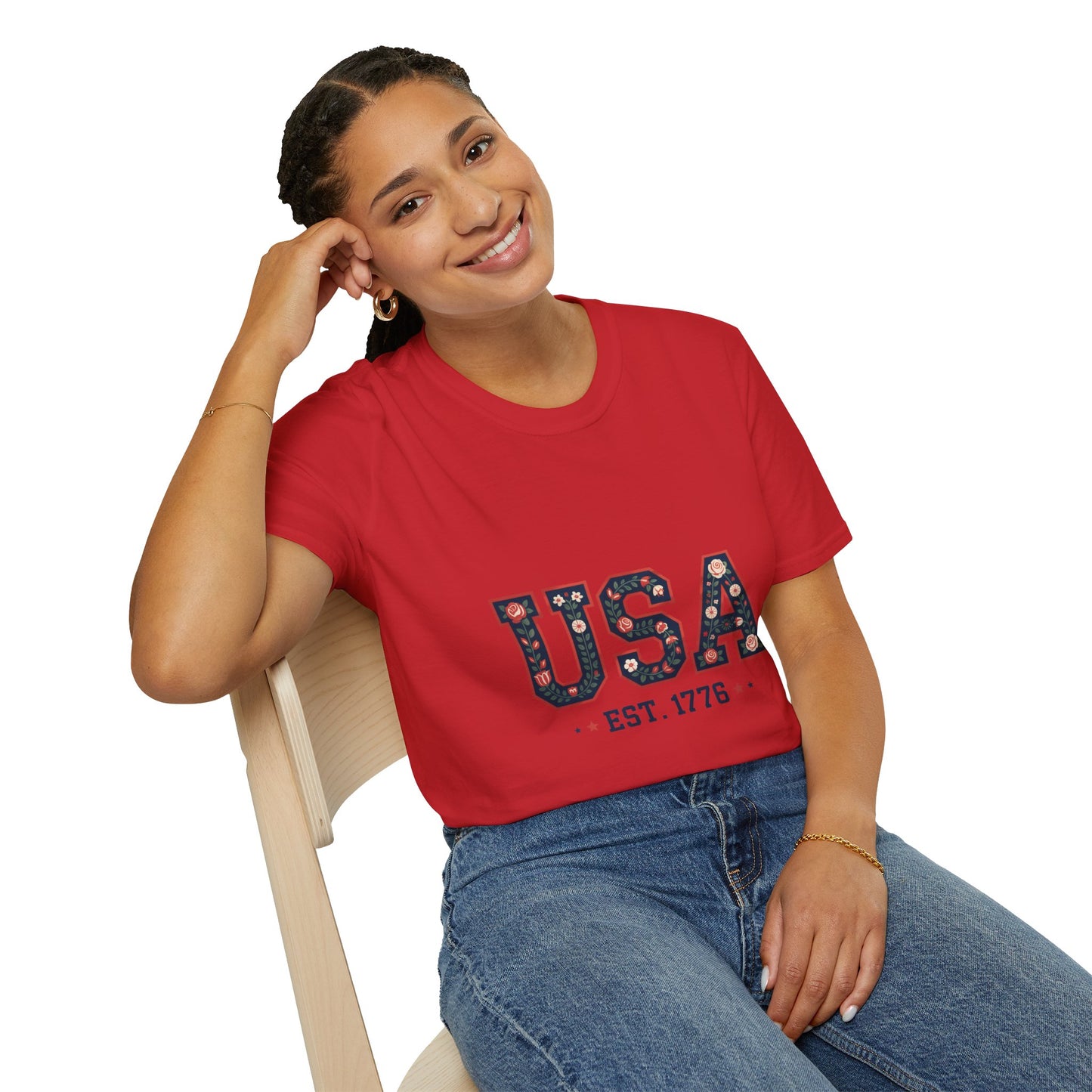 USA Floral Est. 1776 T-Shirt — Patriotic Fourth of July Tee