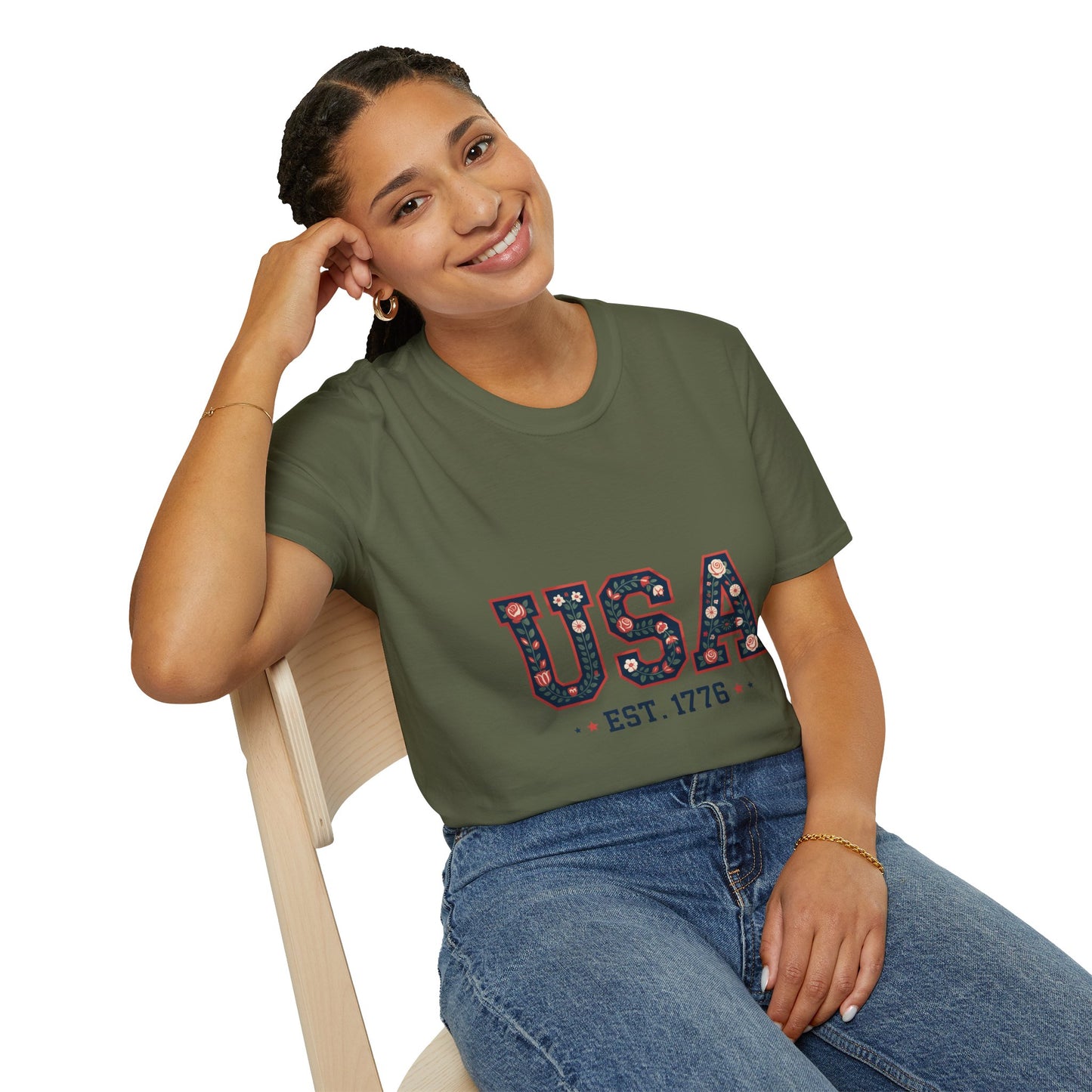 USA Floral Est. 1776 T-Shirt — Patriotic Fourth of July Tee